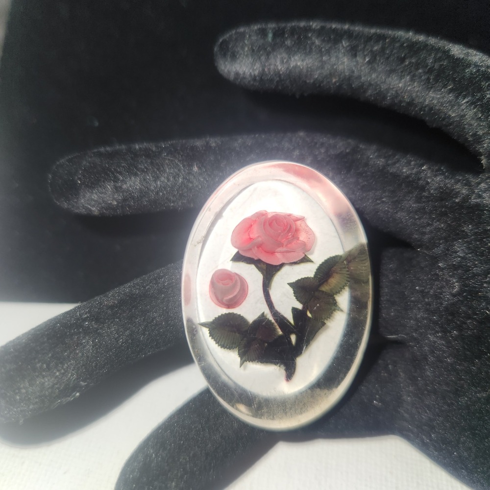 Vintage Reverse Carved Lucite Rose Brooch Pink Floral Intaglio Oval Pin